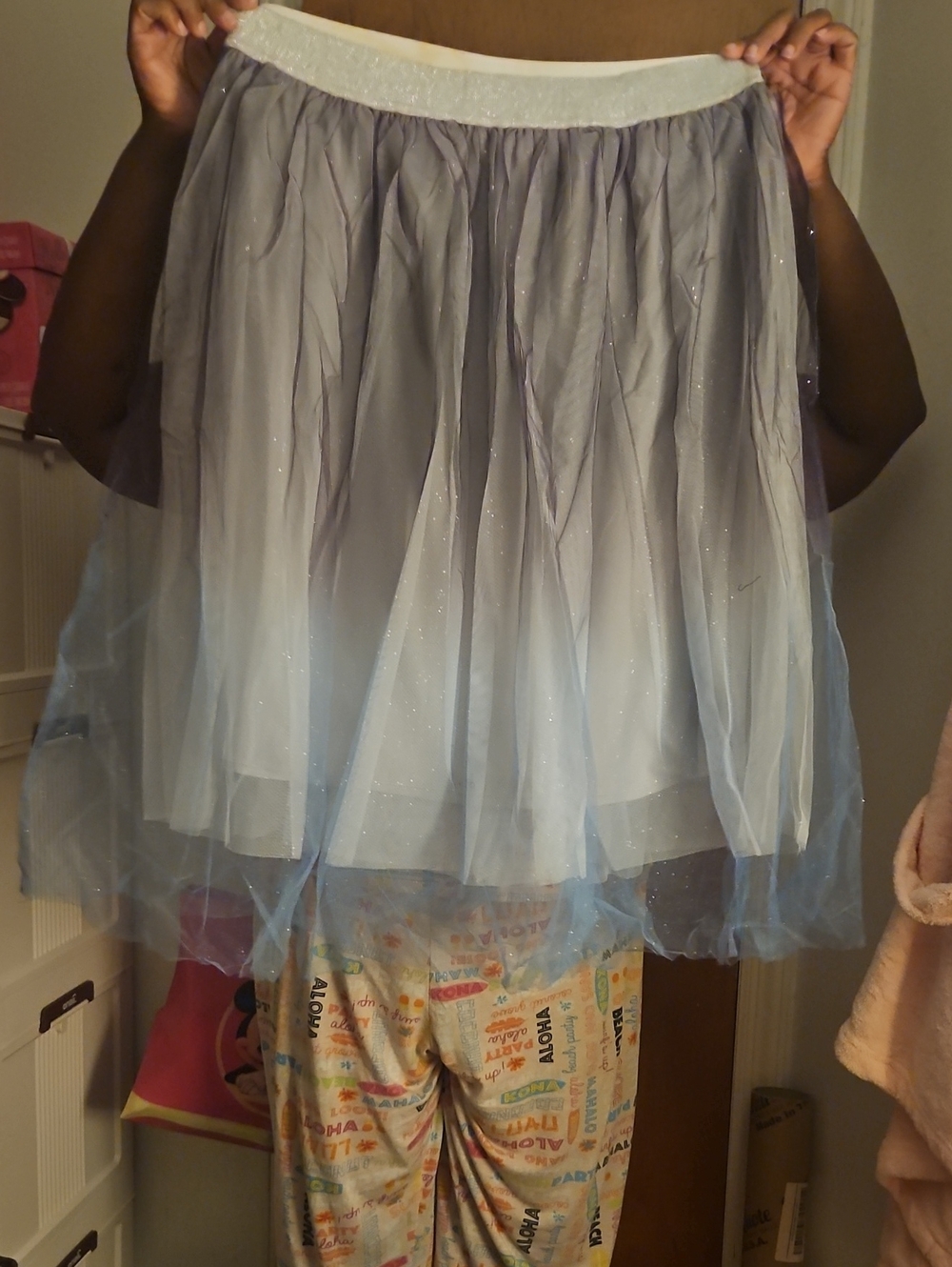 Light Blue Tulle Midi Skirt with Glitter Waistband